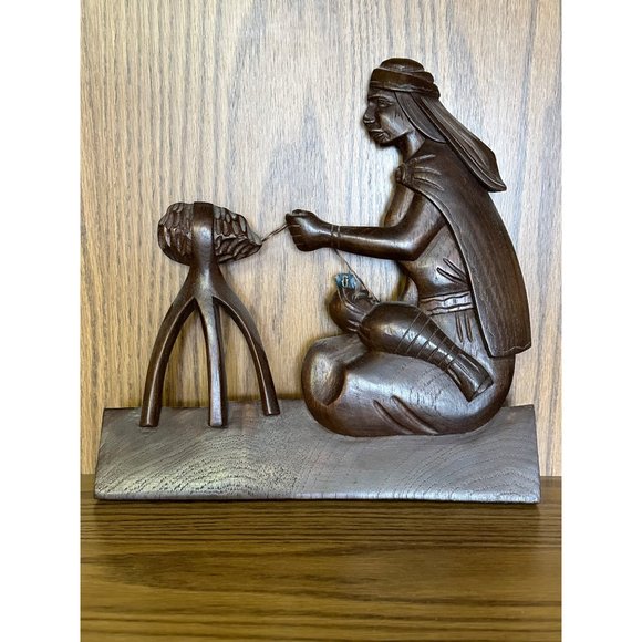 Hand Carved Ebony Folk Art Wall Decor Seated Woman & Baby - Picture 1 of 2